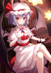 Rule 34 | 1girl, bat wings, black wings, blush, closed mouth, collared shirt, commentary, cup, feet out of frame, frilled shirt collar, frilled skirt, frilled sleeves, frills, hair between eyes, hat, hat ribbon, highres, holding, holding cup, looking at viewer, miy@, mob cap, purple hair, red eyes, red ribbon, remilia scarlet, ribbon, shirt, short hair, short sleeves, skirt, solo, touhou, white hat, white shirt, white skirt, wings, wrist cuffs