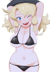 Rule 34 | 1girl, ;d, arms up, bikini, black bikini, black shirt, blonde hair, blue eyes, breasts, calenda (kemono friends), cleavage, collarbone, commentary request, cowboy shot, freckles, highres, kemono friends, large breasts, long hair, looking at viewer, masuyama ryou, navel, one eye closed, open mouth, protected link, shirt, simple background, smile, solo, string bikini, swimsuit, tan, tanline, undressing, white background