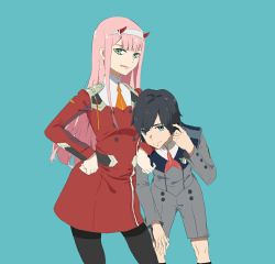 Rule 34 | 10s, 1boy, 1girl, arm on another&#039;s shoulder, black hair, black pantyhose, blue eyes, couple, darling in the franxx, fringe trim, green eyes, hair ornament, hairband, hand on own hip, hand on own knee, hetero, hiro (darling in the franxx), horns, lipstick, long hair, long sleeves, looking at viewer, makeup, mark webber, military, military uniform, necktie, oni horns, orange neckwear, pantyhose, pink hair, red horns, red neckwear, scratching head, short hair, tongue, tongue out, white hairband, zero two (darling in the franxx)