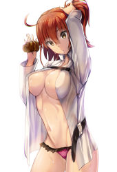 Rule 34 | 1girl, ahoge, arm up, armadillo-tokage, backlighting, breasts, brown eyes, cowboy shot, fate/grand order, fate (series), frilled panties, frills, fujimaru ritsuka (female), hair between eyes, hair ornament, hair scrunchie, hand up, highres, large breasts, looking at viewer, open clothes, open shirt, panties, parted lips, polka dot, polka dot panties, purple panties, red hair, scrunchie, shirt, simple background, solo, thighs, tying hair, underwear, wet, white background