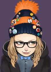 Rule 34 | 1girl, absurdres, badge, beanie, black-framed eyewear, black jacket, blonde hair, blue bow, bow, bowtie, button badge, buttons, dress shirt, eyebrows, eyelashes, glasses, green eyes, hat, highres, jacket, junjunforever, lips, long hair, looking to the side, makeup, mascara, nose, original, pin, purple background, shirt, simple background, smile, solo, unzipped