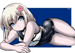 Rule 34 | 1girl, absurdres, artist name, black neckwear, black sailor collar, black one-piece swimsuit, blonde hair, blue eyes, cosplay, cowboy shot, crop top, flower, haho, hair flower, hair ornament, highres, kantai collection, looking at viewer, lying, on side, one-piece swimsuit, pale skin, ro-500 (kancolle) (cosplay), ro-500 (kancolle), sailor collar, school swimsuit, solo, swimsuit, swimsuit under clothes, u-511 (kancolle)
