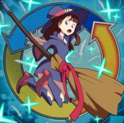 Rule 34 | 1girl, boots, broom, brown eyes, brown hair, full body, hat, kagari atsuko, little witch academia, looking back, open mouth, parody, showers-u, sparkle, witch hat, yu-gi-oh!