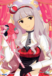Rule 34 | 1girl, absurdres, annindoufu (oicon), crown, dress, flower, gloves, hair ornament, hairband, highres, idolmaster, idolmaster (classic), long hair, microphone, necktie, official art, pantyhose, plaid, punkish gothic, red eyes, shijou takane, silver hair, vintage microphone