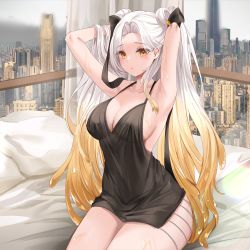 Rule 34 | 1girl, armpits, arms up, black dress, blonde hair, breasts, cleavage, dress, dripping, hands in hair, highres, large breasts, lillly, long hair, looking at viewer, multicolored hair, on bed, original, sitting, solo, thick thighs, thighs, twintails, wet, white hair, yellow eyes