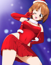 Rule 34 | 1girl, ;d, breasts, brown eyes, brown hair, christmas, commentary, covered navel, cropped jacket, elbow gloves, fur collar, girls und panzer, gloves, hand on own hip, hat, highleg, highres, jacket, leotard, looking at viewer, medium breasts, miniskirt, neucia, nishizumi miho, one eye closed, open mouth, pleated skirt, red gloves, red hat, red jacket, red leotard, red skirt, santa costume, santa hat, short hair, skirt, smile, snowing, solo, standing, strapless, strapless leotard