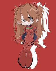 Rule 34 | 1girl, artist request, big hair, blue eyes, bodysuit, breasts, chibi, cowboy shot, full body, gloves, hair between eyes, hair ornament, highres, interface headset, long hair, looking at viewer, medium breasts, neon genesis evangelion, orange hair, pilot suit, plugsuit, red background, red bodysuit, shiny clothes, silhouette, simple background, smile, solo, souryuu asuka langley, turtleneck, two side up, wide hips