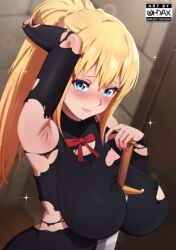 Rule 34 | 1girl, arm behind head, arm up, armpits, artist logo, artist name, between breasts, blonde hair, blue eyes, bodysuit, bow, bowtie, breasts, closed mouth, collarbone, darkness (konosuba), female focus, highres, kono subarashii sekai ni shukufuku wo!, large breasts, lips, long hair, looking at viewer, ohdax, ponytail, red bow, smile, solo, sparkle, sword, sword between breasts, torn bodysuit, torn clothes, upper body, weapon