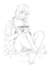 Rule 34 | 1girl, absurdres, animal, barefoot, cat, closed mouth, commentary, convenient leg, crossed ankles, dress, dungeon meshi, english commentary, falin touden, falin touden (tallman), full body, grass, happy, highres, holding, holding animal, knees up, long sleeves, looking at viewer, mixed-language commentary, monochrome, on ground, short hair, short sleeves, simple background, sitting, smile, tsy, unusually open eyes