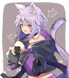 Rule 34 | 1girl, absurdres, animal ear fluff, animal ears, animal print, cat ears, cat girl, cat print, cat tail, choker, fang, food, graphite (medium), hair between eyes, highres, holding, holding food, hololive, jacket, light purple hair, long sleeves, looking at viewer, medium hair, nekomata okayu, nekomata okayu (1st costume), onigiri, open mouth, purple eyes, simple background, skin fang, solo, tail, tongue, traditional media, umika35, virtual youtuber