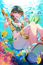 Rule 34 | 1girl, absurdres, asato (fadeless), bang dream!, bikini, bracelet, breasts, brown hair, bubble, cleavage, clownfish, commentary request, coral reef, earrings, fish, flip-flops, flower, green eyes, hair flower, hair ornament, highres, hoop earrings, jewelry, looking at viewer, medium breasts, necklace, one eye closed, open mouth, sandals, smile, solo, swimsuit, thigh strap, underwater, visor cap, water gun, yamato maya