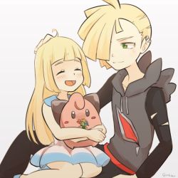 Rule 34 | 1boy, 1girl, aged down, black pants, blonde hair, brother and sister, child, cleffa, closed eyes, creatures (company), dress, game freak, gen 2 pokemon, gladion (pokemon), green eyes, hair over one eye, hand on another&#039;s head, hood, hoodie, lillie (pokemon), long hair, long sleeves, nintendo, open mouth, pants, pokemon, pokemon (anime), pokemon (creature), pokemon sm, pokemon sm (anime), short hair, siblings, simple background, siroromo, sitting, sleeveless, sleeveless dress, torn clothes, white dress