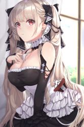 Rule 34 | 1girl, azur lane, backlighting, bare shoulders, between breasts, black bow, black dress, blurry, blurry background, blush, bow, breasts, bridal gauntlets, cleavage, closed mouth, clothing cutout, commentary request, curtains, day, depth of field, dress, formidable (azur lane), hair bow, highres, indoors, kon (k0n16), large breasts, leaning forward, light brown hair, long hair, red eyes, shoulder cutout, solo, twintails, very long hair, window