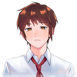 Rule 34 | 1boy, brown eyes, brown hair, closed mouth, commentary request, hakodao081049, kita high school uniform, kyon, looking at viewer, male focus, necktie, red necktie, school uniform, shirt, short hair, simple background, solo, suzumiya haruhi no yuuutsu, upper body, white background, white shirt