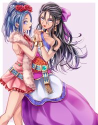 Rule 34 | 2girls, absurdres, alternate hairstyle, atarime (atarimemakaron), black hair, blue eyes, blue hair, border, bow, bracelet, commentary request, cosplay, costume switch, deborah (cosplay), deborah (dq5), dragon quest, dragon quest v, dress, earrings, eyelashes, feather boa, flora (cosplay), flora (dq5), flower, grey background, hair bow, hair flower, hair ornament, hair up, holding hands, highres, jewelry, lipstick, long hair, looking at viewer, makeup, multiple girls, pink dress, purple bow, purple dress, red flower, red lips, red rose, rose, short dress, siblings, single bare shoulder, sisters, sleeveless, sleeveless dress, white border