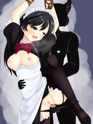 Rule 34 | 1boy, 1girl, ahoge, arms up, bad id, bad pixiv id, black hair, blue eyes, blush, bound, breasts, clothed sex, clothes lift, female pubic hair, girls und panzer, hetero, isuzu hana, long hair, maid, medium breasts, nipples, nksk, open mouth, panties, panty pull, penis, pubic hair, pussy, restrained, sex, sex from behind, shirt lift, standing, standing sex, underwear, vaginal