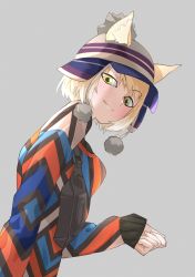Rule 34 | 1girl, absurdres, alternate costume, animal ears, arm at side, bag, blonde hair, closed mouth, dutch angle, ears through headwear, fanny pack, fox ears, from side, green eyes, grey background, hand up, hat, highres, kemono friends, long sleeves, looking at viewer, medium hair, multicolored clothes, multicolored sweater, pom pom (clothes), simple background, sleeves past wrists, smile, solo, sweater, tanabe (fueisei), tibetan fox (kemono friends), upper body