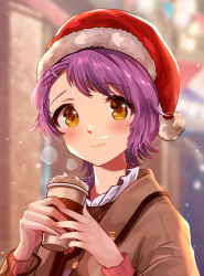 Rule 34 | 1girl, blurry, blurry background, blush, brown jacket, closed mouth, collar, commentary request, cream, cream on face, cup, disposable coffee cup, disposable cup, embarrassed, food, food on face, frilled collar, frills, fur-trimmed headwear, fur trim, hanamasa ono, hands up, hat, holding, holding cup, idolmaster, idolmaster million live!, idolmaster million live! theater days, jacket, long sleeves, looking at viewer, makabe mizuki, outdoors, pom pom (clothes), purple hair, red hat, santa hat, short hair, snowing, solo, steam, upper body, yellow eyes