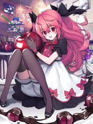 Rule 34 | 1girl, :d, black bow, black footwear, bloomers, bow, cake, cherry, chocolate syrup, dessert, drawing (object), dress, dress bow, flower, food, fruit, full body, gloves, grey gloves, grey thighhighs, hair bow, highres, kyundoo, lamp, long hair, looking at viewer, macaron, open mouth, original, personification, pink flower, pink hair, pink rose, red bow, red eyes, rose, shoes, smile, solo, swiss roll, thighhighs, tiered tray, two side up, underwear, white dress