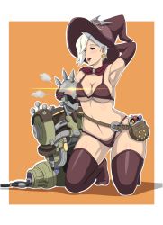 Rule 34 | 1girl, alternate costume, armpits, belt, bikini, blue eyes, breasts, candy, cleavage, cloak, commentary, earrings, elbow gloves, food, gloves, hair over one eye, halloween, hat, highres, jack-o&#039;-lantern, jack-o&#039;-lantern earrings, jewelry, kneeling, large breasts, lollipop, looking at viewer, mercy (overwatch), naughty face, navel, no shoes, official alternate costume, omnic, overwatch, overwatch 1, pouch, robot, short hair, swimsuit, underboob, witch hat, witch mercy, yamanata