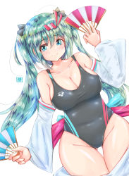 Rule 34 | 1girl, absurdres, aqua hair, artist name, artist request, black one-piece swimsuit, blue hair, hatsune miku, highres, long hair, one-piece swimsuit, simple background, solo, swimsuit, thighs, vocaloid, white background
