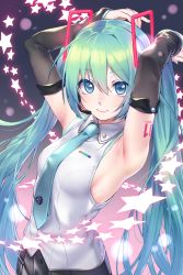 Rule 34 | 1girl, aqua hair, aqua necktie, armpits, arms up, bare shoulders, black skirt, black sleeves, blue eyes, blush, breasts, character name, closed mouth, collared shirt, cowboy shot, detached sleeves, gradient background, grey shirt, hair between eyes, hatsune miku, hatsune miku (vocaloid4), highres, long hair, long sleeves, looking at viewer, medium breasts, nail polish, necktie, number tattoo, pleated skirt, purple background, shirt, shoulder tattoo, sideboob, skirt, smile, solo, star (symbol), tattoo, twintails, very long hair, vocaloid, yagi (ningen)
