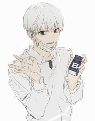 Rule 34 | 1boy, :d, bad id, bad twitter id, bags under eyes, blue eyes, cigarette pack, commentary request, grey background, hands up, hirota tsuu, holding, long sleeves, looking at viewer, male focus, mask, mouth mask, ok sign, open mouth, original, silver hair, simple background, sketch, smile, solo, surgical mask, upper body