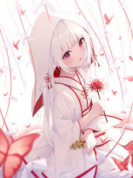 Rule 34 | 1girl, absurdres, blunt bangs, blush, bridal gauntlets, bride, bug, butterfly, commentary, dress, eyebrows, flower, highres, hood, insect, japanese clothes, keis (locrian1357), kimono, long hair, looking at viewer, original, red eyes, seiza, silver hair, sitting, solo, uchikake, wedding dress, white headwear, white kimono, white theme