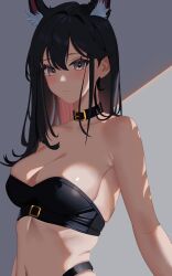 Rule 34 | 1girl, absurdres, animal ear fluff, animal ears, arknights, bandeau, bare shoulders, binware, black choker, black hair, breasts, brown eyes, choker, cleavage, commentary, highres, large breasts, long hair, looking at viewer, midriff, solo, stomach, strapless, texas (arknights), tube top, upper body, wolf ears