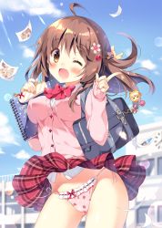 Rule 34 | 1girl, ;d, ahoge, bag, bag charm, blush, bow, bowtie, breasts, brown eyes, brown hair, cameltoe, cardigan, charm (object), circle skirt, clothes lift, commentary request, cowboy shot, day, flower, food-themed hair ornament, food print, frilled panties, frills, hair bow, hair flower, hair ornament, half updo, holding, holding notebook, index finger raised, kokoa-chan (pan (mimi)), long hair, long sleeves, looking at viewer, medium breasts, miniskirt, navel, notebook, one eye closed, open mouth, original, outdoors, pan (mimi), panties, papers, pencil case, photo (object), pink cardigan, pink flower, pink panties, plaid, plaid skirt, print panties, red bow, red bowtie, red skirt, school bag, school uniform, side-tie panties, skirt, skirt lift, smile, solo, strawberry hair ornament, strawberry print, underwear, wind, wind lift, yellow bow