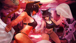 Rule 34 | 2girls, absurdres, animal ears, animal hood, axis (mgl139), black hair, black panties, borrowed character, breasts, cat ears, cat hood, cat tail, commentary, commission, crossover, electric plug, gradient hair, heterochromia, highres, hood, large breasts, medium breasts, midriff, monori rogue, multicolored hair, multiple girls, navel, original, panties, pillow, pillow fight, red eyes, sera (mgl139), silver hair, sports bra, tail, tan, toned, underwear, underwear only, yellow eyes