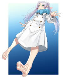 Rule 34 | 1girl, barefoot, blowing kiss, blue background, blue scarf, blush, border, earrings, eiji (eiji), elf, feet, foreshortening, frieren, green eyes, grey hair, highres, jewelry, long hair, long sleeves, pointy ears, scarf, solo, sousou no frieren, twintails, white border