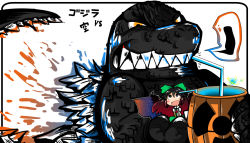 Rule 34 | 1girl, :o, arm cannon, black border, black hair, black wings, border, bow, cape, crossover, drinking, drinking straw, godzilla, godzilla (series), hair bow, kaijuu, kunitori, long hair, looking up, monster, open mouth, radiation symbol, red eyes, reiuji utsuho, sharp teeth, simple background, size difference, skirt, starry sky print, teeth, touhou, weapon, white background, wings