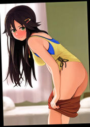 Rule 34 | 1girl, absurdres, ass, bare shoulders, bed, blue tank top, blush, breasts, brown hair, closed mouth, clothes pull, curtains, green eyes, hair between eyes, hair ornament, hairclip, highres, himekawa yuki, idolmaster, idolmaster cinderella girls, large breasts, layered clothes, long hair, looking at viewer, omaru gyuunyuu, pulling own clothes, scan, seductive smile, shorts, shorts pull, smile, solo, tank top, teasing, thighs, undressing, yellow tank top