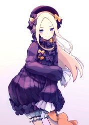 Rule 34 | 1girl, abigail williams (fate), black bow, black dress, black hat, blonde hair, blue eyes, blush, bow, commentary request, dress, fate/grand order, fate (series), feet out of frame, hair bow, hat, highres, long hair, long sleeves, looking at viewer, orange bow, parted bangs, polka dot, polka dot bow, purple dress, purple hat, sleeves past wrists, smile, solo, standing, stuffed animal, stuffed toy, teddy bear, tranquillianusmajor