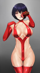 Rule 34 | 1girl, bare shoulders, black hair, blush, breasts, clothes pull, coca-cola, collarbone, covered navel, cowboy shot, elbow gloves, gloves, gluteal fold, gradient background, highleg, looking at viewer, medium breasts, metalbolic, midriff, one eye covered, original, pulled by self, red eyes, red gloves, red thighhighs, revealing clothes, short hair, sideboob, skin tight, soda bottle, solo, spandex, stomach, thigh gap, thighhighs, tongue, tongue out