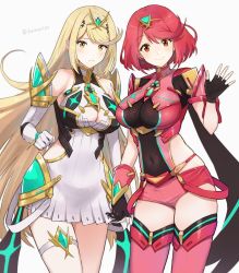 Rule 34 | bare legs, bare shoulders, black gloves, blonde hair, breasts, chest jewel, cleavage, cleavage cutout, clothing cutout, donbee937, dress, earrings, elbow gloves, fingerless gloves, gloves, highres, jewelry, large breasts, long hair, mythra (xenoblade), pyra (xenoblade), red eyes, red hair, red shorts, short dress, short hair, short shorts, shorts, swept bangs, thigh strap, thighhighs, tiara, very long hair, white dress, white gloves, xenoblade chronicles (series), xenoblade chronicles 2, yellow eyes