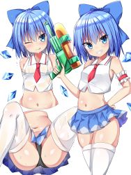 Rule 34 | 1girl, ;q, adapted costume, armband, ass, bikini, black bikini, blouse, blue bow, blue hair, blue skirt, bow, breasts, cirno, collared shirt, grin, hair bow, highres, holding, holding water gun, ice, ice wings, looking at viewer, micro bikini, multiple views, navel, necktie, one eye closed, panties, pantyshot, pleated skirt, red necktie, sabana, see-through, see-through legwear, see-through shirt, shirt, short hair, simple background, skirt, small breasts, smile, sweat, swimsuit, thighhighs, thighs, tongue, tongue out, touhou, underwear, water gun, white background, white shirt, white thighhighs, wings, wrist cuffs