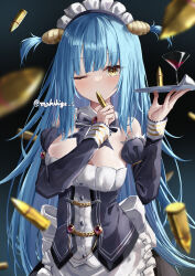 Rule 34 | 1girl, absurdres, apron, azur lane, bare shoulders, blue bow, blue bowtie, blue corset, blue hair, bow, bowtie, breasts, bullet, commentary request, corset, detached collar, detached sleeves, frilled apron, frilled sleeves, frills, gem, hands up, highres, holding, holding bullet, holding tray, large breasts, long hair, long sleeves, looking at viewer, maid headdress, makihige, medium breasts, neptune (azur lane), one eye closed, red gemstone, shell hair ornament, solo, tray, very long hair, white apron, yellow eyes