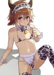 Rule 34 | 1boy, ahoge, animal ears, animal print, arknights, bad id, bad pixiv id, bell, bikini, bison (arknights), brown hair, bulge, cow boy, cow ears, cow horns, cow print, crossdressing, detached collar, hair between eyes, hairband, highres, horns, lolita hairband, male focus, navel, neck bell, purple eyes, simple background, solo, swimsuit, thighhighs, trap, white background, wrist cuffs, yoruhachi