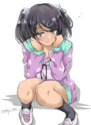Rule 34 | 1girl, black eyes, black hair, blue skirt, braid, commentary request, gakky, kantai collection, mole, mole under eye, official alternate costume, one-hour drawing challenge, polka dot sweater, purple sweater, scirocco (kancolle), short hair, simple background, skirt, solo, squatting, sweater, two side up, white background