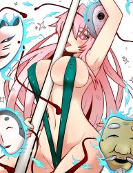 Rule 34 | 1girl, arm up, armpits, between breasts, blush, breasts, covered erect nipples, fox mask, hata no kokoro, hato no suisou, highres, large breasts, licking, long hair, looking at viewer, mask, navel, noh mask, pink eyes, pink hair, pole, pole dancing, simple background, slingshot swimsuit, solo, sparkle, stripper pole, sweat, swimsuit, tassel, tongue, tongue out, touhou, very long hair, white background