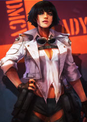 Rule 34 | 1girl, absurdres, belt, black gloves, black hair, black nails, black shorts, breasts, chaps, cleavage, cropped jacket, devil may cry (series), devil may cry 5, fingerless gloves, gloves, goggles, goggles around neck, heterochromia, highres, jacket, lady (devil may cry), looking at viewer, midriff, monori rogue, nail polish, navel, open collar, scar, short hair, short shorts, shorts, solo, standing, stomach, utility belt, white jacket