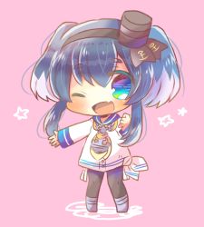 Rule 34 | 1girl, ;d, anchor symbol, black hairband, black headwear, black pantyhose, blue hair, blue sailor collar, blush, dress, fang, full body, hairband, hat, kantai collection, kou hiyoyo, long hair, long sleeves, looking at viewer, mini hat, multicolored hair, one eye closed, open mouth, outstretched arm, panties, pantyhose, sailor collar, sailor dress, side-tie panties, sleeves past wrists, smile, solo, standing, star (symbol), starry background, tilted headwear, tokitsukaze (kancolle), twintails, two-tone hair, underwear, white dress, white hair, white panties