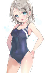 Rule 34 | 1girl, bad id, bad pixiv id, blue eyes, blue one-piece swimsuit, competition swimsuit, cowboy shot, emily (pure dream), grey hair, highres, looking at viewer, love live!, love live! sunshine!!, one-piece swimsuit, open mouth, short hair, solo, swept bangs, swimsuit, watanabe you, wet, white background