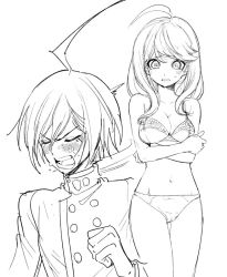 Rule 34 | 1boy, 1girl, ahoge, akamatsu kaede, aoki (fumomo), arms under breasts, blush, bra, breasts, buttons, cleavage, closed eyes, collarbone, commentary request, cowboy shot, crossed arms, danganronpa (series), danganronpa v3: killing harmony, double-breasted, embarrassed, greyscale, hair between eyes, hand up, long hair, long sleeves, monochrome, navel, no hair ornament, open mouth, panties, saihara shuichi, short hair, stomach, sweat, tearing up, underwear, underwear only, v-shaped eyebrows