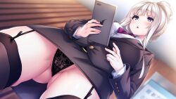 Rule 34 | 1girl, black panties, black thighhighs, blazer, blue eyes, blurry, blurry background, blush, boku ga incubus ni naru tame ni kyou kara succubus to lesson shimasu 2, breasts, business suit, formal, game cg, garter straps, gluteal fold, indoors, jacket, lace, lace-trimmed panties, lace trim, large breasts, long hair, long sleeves, miniskirt, non-web source, office lady, official art, open mouth, panties, pencil skirt, perspective, photoshop (medium), sidelocks, skirt, solo, standing, suit, tablet pc, thighhighs, underwear, white hair