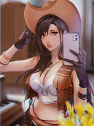 Rule 34 | 1girl, absurdres, aged down, belt, belt buckle, black gloves, blurry, breasts, brown hair, brown hat, buckle, cellphone, commentary, cowboy hat, cowgirl (western), depth of field, english commentary, final fantasy, final fantasy vii, gloves, hat, highres, holding, holding phone, instrument, large breasts, long hair, midriff, navel, nibelheim, open mouth, phone, piano, piano keys, red eyes, sleeveless, smartphone, solo, spykeee, square enix, swept bangs, tifa lockhart, tifa lockhart (cowgirl), twitter username, upper body, watermark, web address