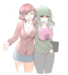 Rule 34 | 2girls, :d, ahoge, arm on another&#039;s shoulder, black pants, blue skirt, blush, book, breasts, brown cardigan, burunpuku, cardigan, cleavage, closed eyes, cropped legs, dress shirt, flying sweatdrops, green jacket, hair ornament, hair scrunchie, hand on another&#039;s shoulder, hand up, highres, holding, holding book, hug, jacket, large breasts, looking at another, medium hair, miniskirt, multiple girls, notice lines, open mouth, original, pants, partially unbuttoned, partially unzipped, pink shirt, pleated skirt, scrunchie, shirt, short hair, side ponytail, skirt, smile, yellow eyes, yoga pants
