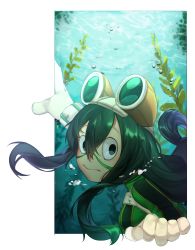 Rule 34 | 10s, 1girl, asui tsuyu, black eyes, bodysuit, boku no hero academia, bubble, domino mask, gloves, goggles, goggles on head, green hair, hair between eyes, highres, looking at viewer, mask, nok (vasabello), outside border, simple background, solo, transparent background, underwater, white background, white gloves
